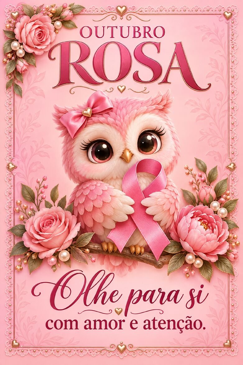 Cartão Outubro Rosa com corujinha rosa segurando fita de conscientização entre flores e pérolas